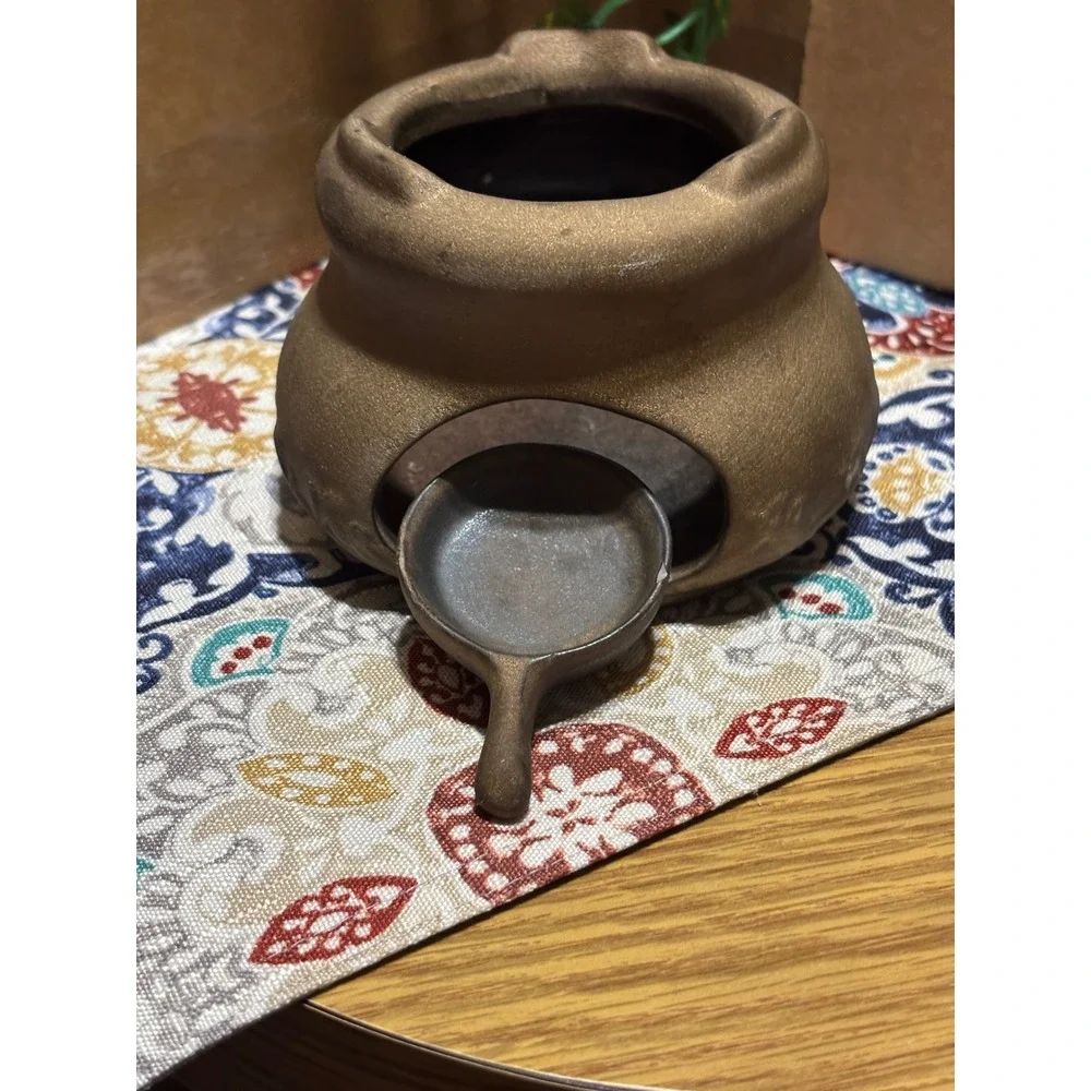 Ceramic Cauldron Tea Light Oil Wax Warmer Bronze Embossed Scroll 3-Piece Set